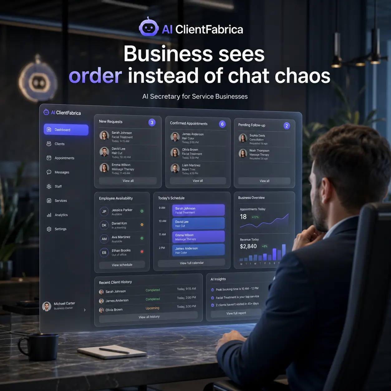 AI ClientFabrica показывает переписку, квалификацию обращения и подготовку клиента к записи.