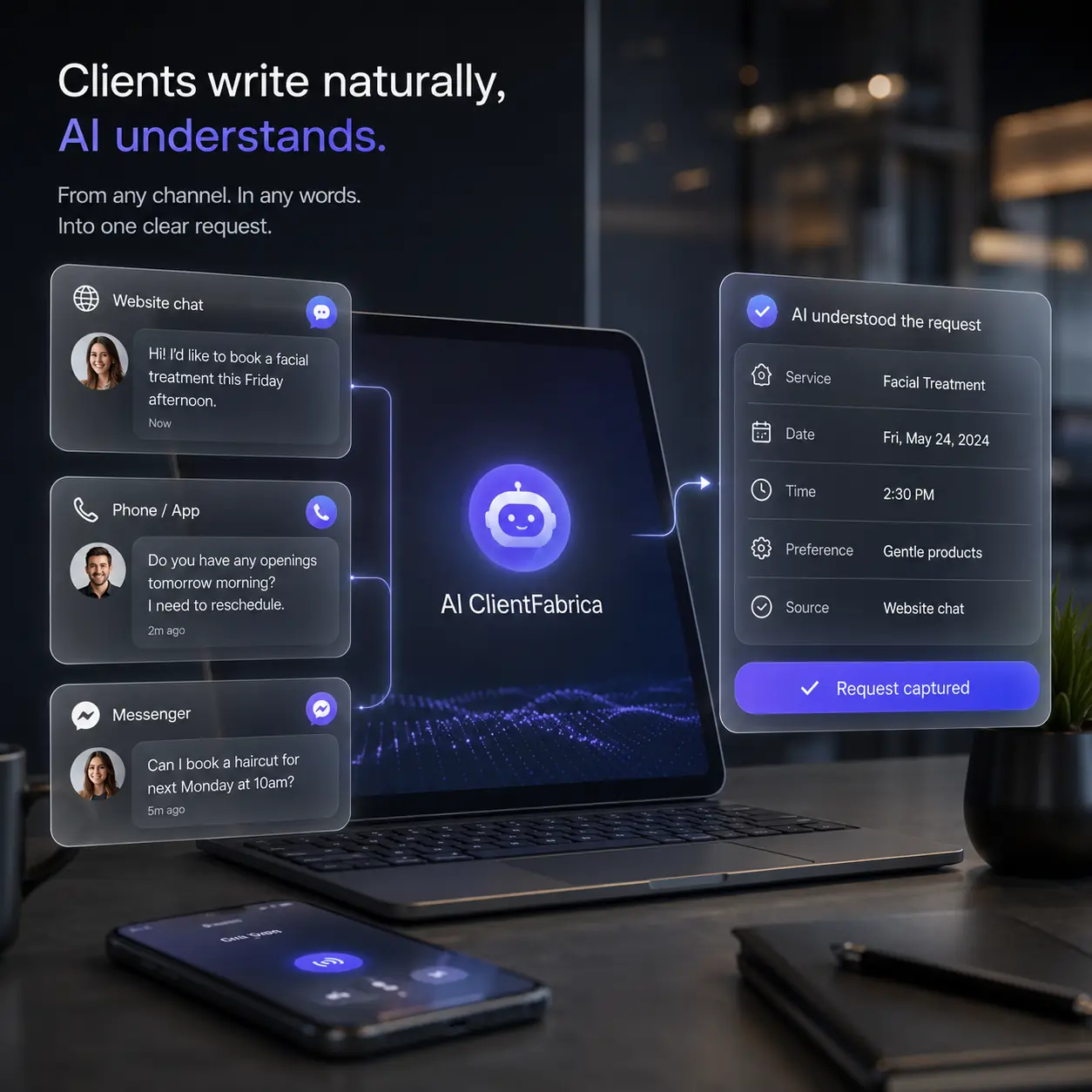 AI ClientFabrica уточняет детали услуги, время и формат записи в интерфейсе общения с клиентом.
