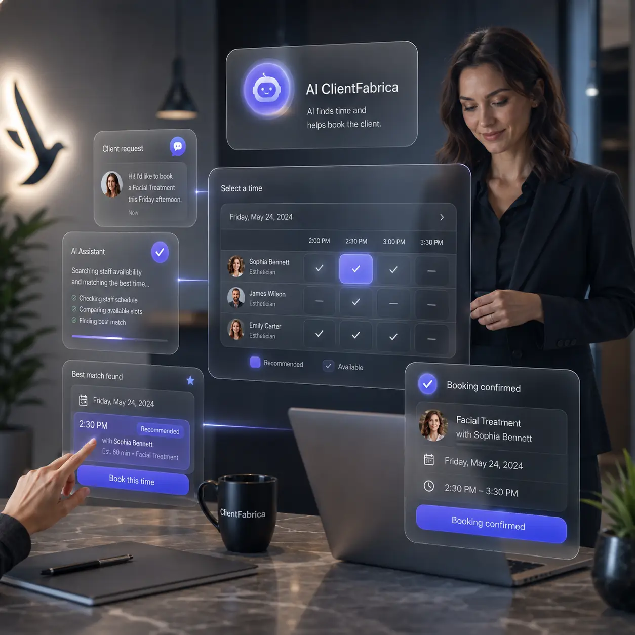 AI ClientFabrica помогает оформить запись и удерживать поток клиентских обращений в сервисном бизнесе.