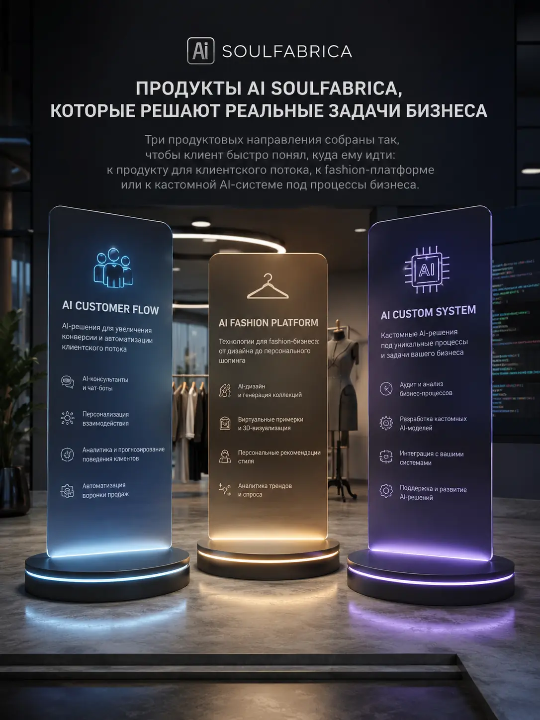 Три направления AI SoulFabrica: клиентский поток, fashion-commerce и кастомные AI-системы