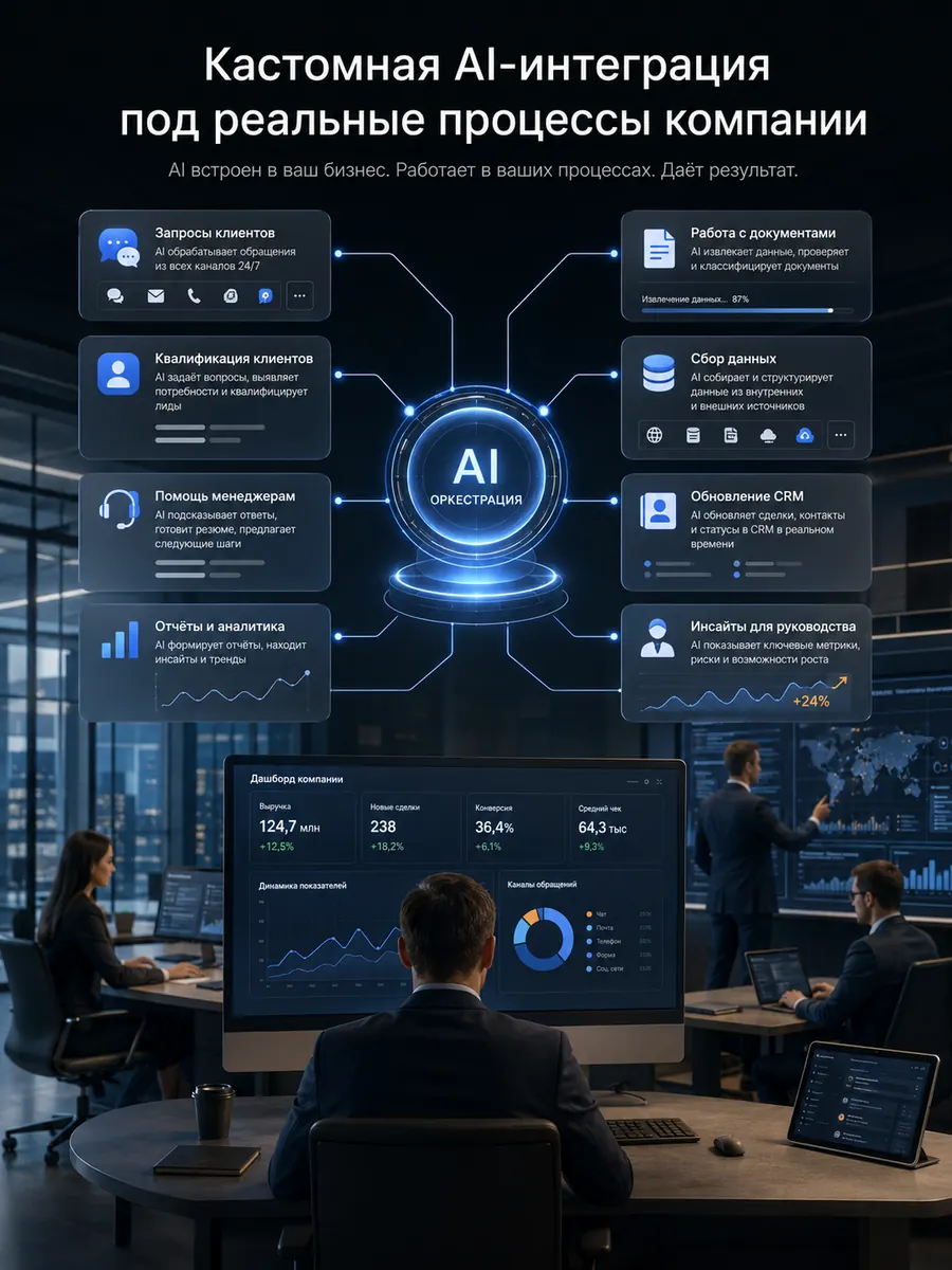AI SystemsFabrica показывает кастомную AI-интеграцию в реальные процессы компании: обращения, CRM, документы, отчёты и управленческую аналитику.